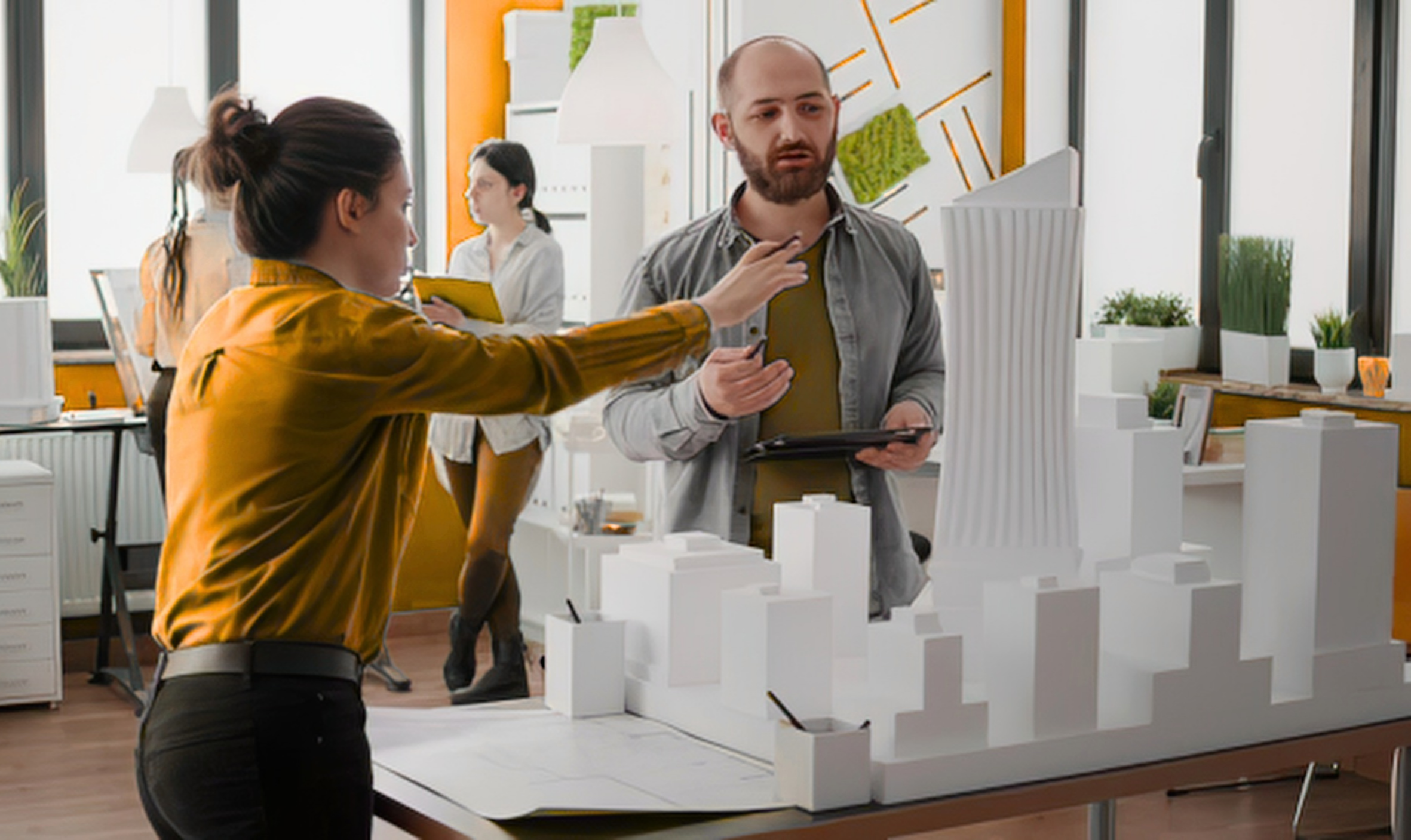 Architecten vrouw en man in overleg over maquette.