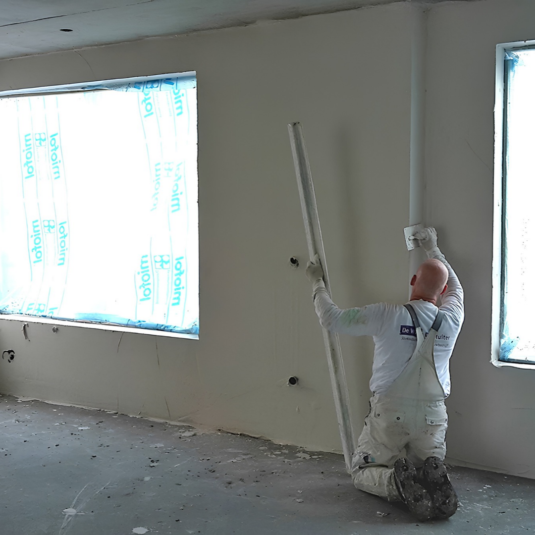 Man die wand afwerkt met een dunpleister.